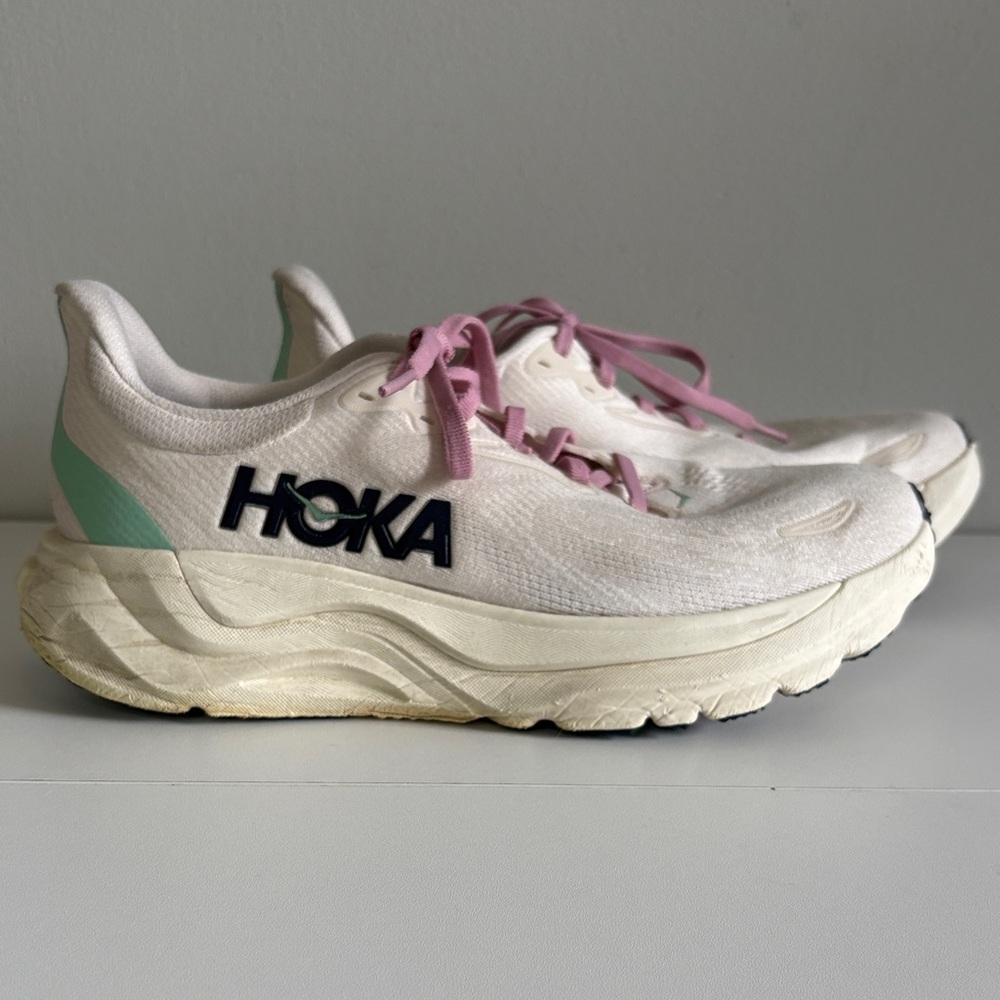 Hoka Women's White Running Sneakers with Pink Laces and Mint Accent